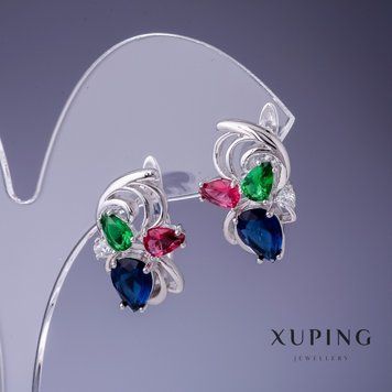 Серьги Xuping с разноцветными кристаллами 20х14мм родий 55305 фото