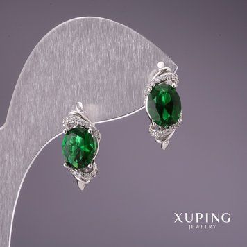 Сережки Xuping із зеленими каменями 18х7мм родій 56769 фото