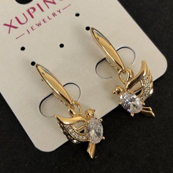 Сережки Птахи Xuping Позолота 18К з білими стразами і кристалами d-32х12мм + - 55038 фото