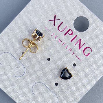 Сережки пусети кульчики Xuping Серце з чорним каменем 5мм+- позолота 18к 55517 фото
