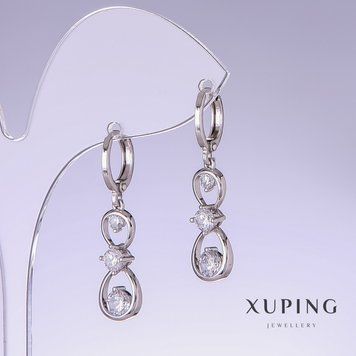Сережки Xuping з білими цирконами L-32мм s-9мм родій 57019 фото