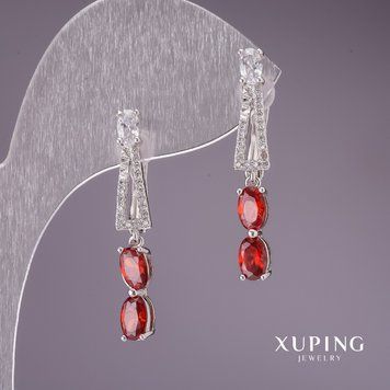 Знижка! Сережки Xuping з червоними каменями 31х5мм родій 57177 фото
