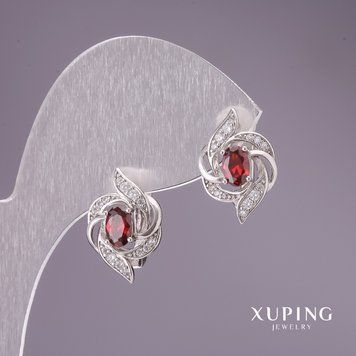 Сережки Xuping з червоними каменями 17х12мм родій 57008 фото