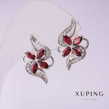Сережки Xuping з червоними каменями 10х24мм родій 55306 фото