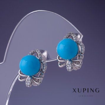 Сережки Xuping з блакитною перлами Майорка 14х16мм родій 55237 фото