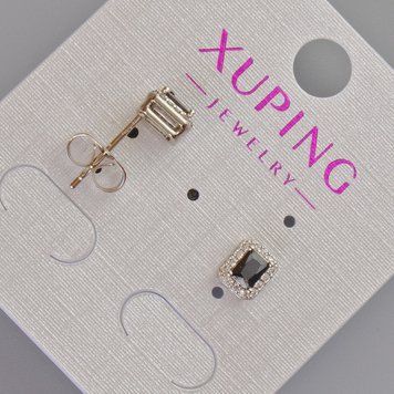 Серьги пусеты Xuping с черным кристаллом и белыми стразами d-6,5х5,5мм+- Родий 57397 фото