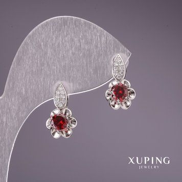 Знижка! Сережки Xuping з червоними каменями 17х9мм родій 57041 фото