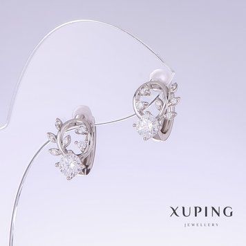 Сережки Xuping з білими цирконами L-14мм s-10мм родій 55327 фото
