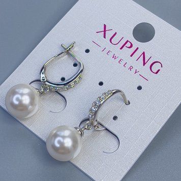 Серьги Xuping родий с жемчужиной d-10мм и белыми стразами L-28мм + - 56962 фото