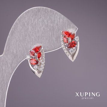 Знижка! Сережки Xuping з червоними каменями 16х9мм родій 56904 фото