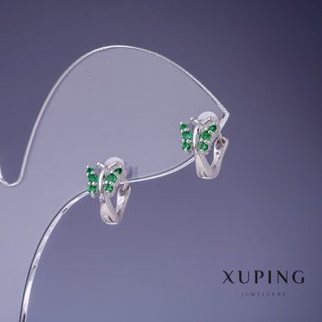 Серьги Xuping Бабочки зеленые стразы 10х7мм родий 55330 фото