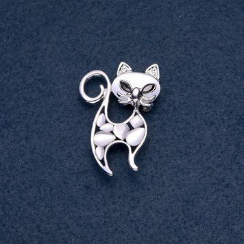 Брошка "Котик" білий Котяче око колір металу "срібло" 30х45мм 64046 фото