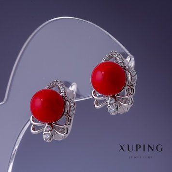 Серьги Xuping с красным жемчугом Майорка 17х13мм родий 55225 фото