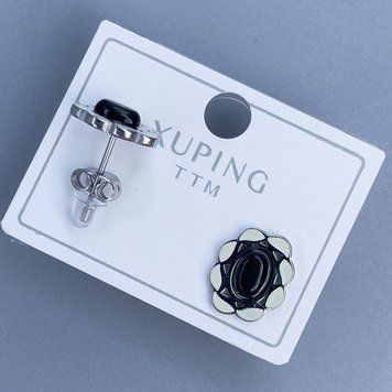 Сережки пусети кульчики Xuping з чорним каменем 12х10мм+- родій 56787 фото