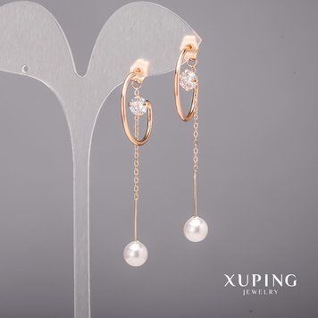Серьги Xuping с белыми камнями и жемчугом Майорка 23х64мм Позолота 18К 55705 фото
