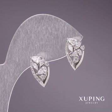Сережки Xuping з білими каменями 9х15мм родій 56906 фото