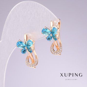 Сережки Xuping позолота 18к з блакитним камінням та білими стразами 20х11мм 56746 фото