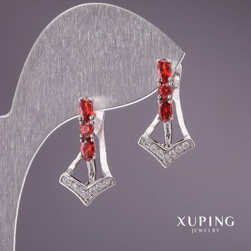 Знижка! Сережки Xuping з червоними каменями 23х12мм родій 56795 фото