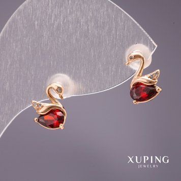 Серьги Xuping пусеты пульсеты серьги лебеди с камнем цвет красный 10х7мм позолота 18к 55611 фото