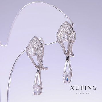 Сережки Xuping з білими цирконами L-32мм s-10мм родій 57110 фото