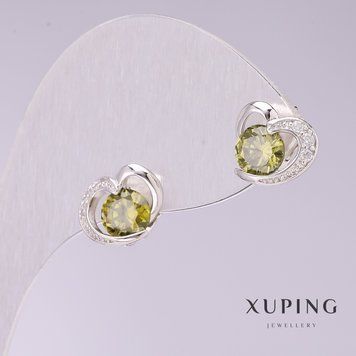 Сережки Xuping Сердечка з зеленими каменями 9х11мм родій 55256 фото