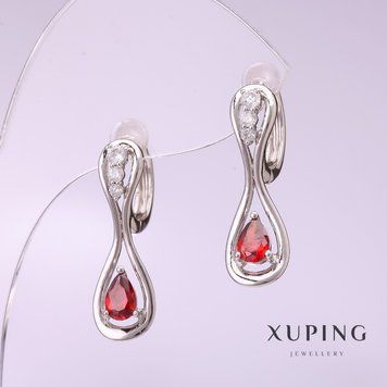 Знижка! Сережки Xuping з червоним каменем 25х8мм родій 57005 фото