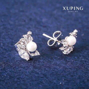 Сережки пусети кульчики Xuping з білими кристалами та Майоркою d-8х13мм Родій 56889 фото