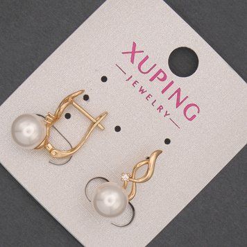 Серьги Xuping с белыми стразами и бусиной Майорка d-8мм+- L-20мм+- Позолота 18К 56624 фото