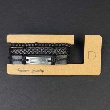 Браслет тройной эко кожа вставка Крест на затяжке L-18-24см черный 47443 фото
