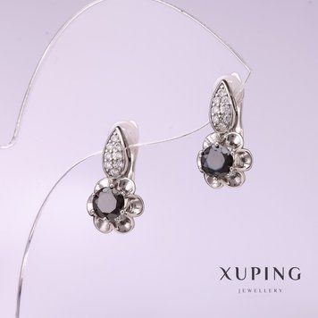 Сережки Xuping з чорним каменем 16х9мм родій 57040 фото