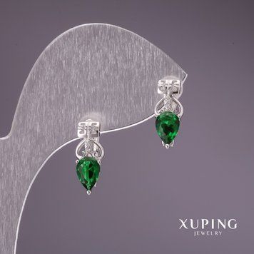 Знижка! Сережки Xuping з зеленими каменями 15х6мм родій 55411 фото
