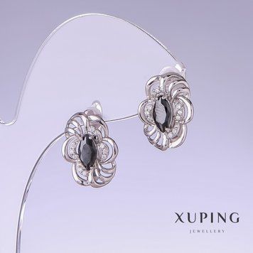 Серьги Xuping с черными цирконами L-17мм s-12мм родий 55452 фото
