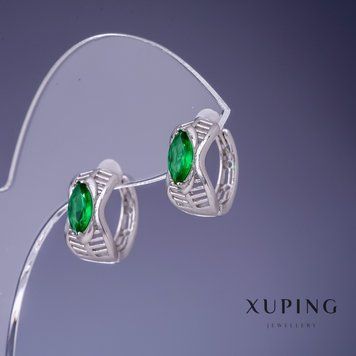 Серьги Xuping с зелеными кристаллами 15х7мм родий 55441 фото
