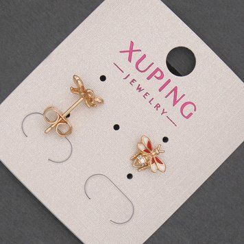 Сережки пусети кульчики Xuping емаль з білими стразами 7х8мм+- позолота 18к 56654 фото