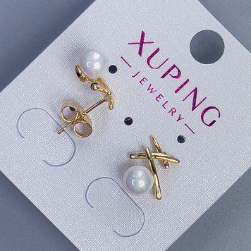 Сережки пусети кульчики Xuping з перлиною d-6мм+- 12х10мм+- позолота 18к 56781 фото