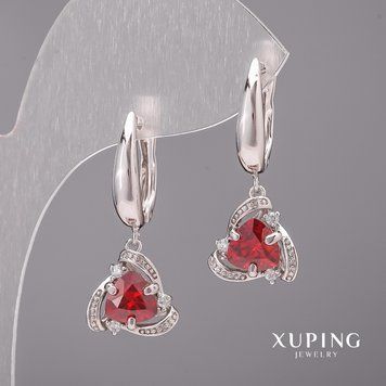 Серьги Xuping с красными камнями 12х28мм Родий 56646 фото