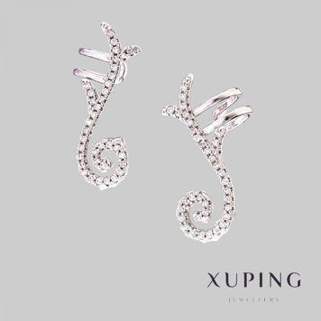 Сережки кафф Xuping Родій з білими стразами L-24мм + - 55177 фото