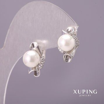 Серьги Xuping с Майоркой d-10х17мм Родий 56726 фото