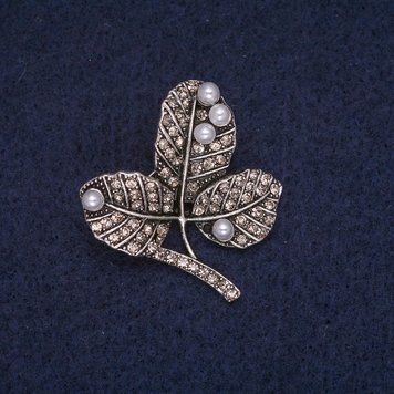 Знижка! Брошка Листики на гілці з намистинами і білими стразами, сірий метал 29х32мм 60604 фото