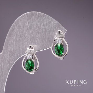 Сережки Xuping з зеленими каменями 15х9мм родій 55409 фото