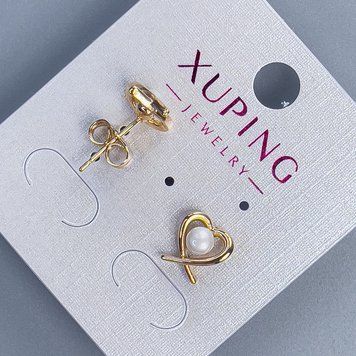 Сережки пусети кульчики Xuping Серце з перлиною d-4мм+- 9х9мм+- позолота 18к 56657 фото