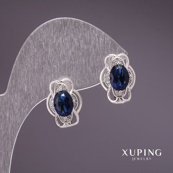 Знижка! Сережки Xuping з синіми каменями 10х15мм родій 56867 фото